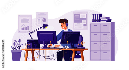 A focused male customer service representative works diligently at his dual-monitor computer setup in a modern, organized office, showcasing efficiency and professionalism.