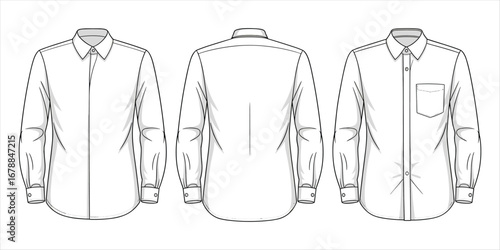 Fashion flat sketches of a white men's dress shirt front back and pocket view drawing garment