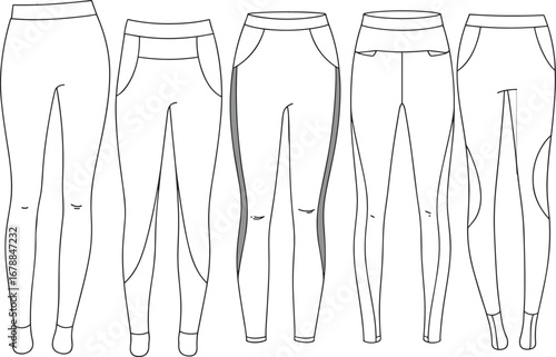 Fashion flat sketches of five styles of white women's leggings with knee detail drawing garment