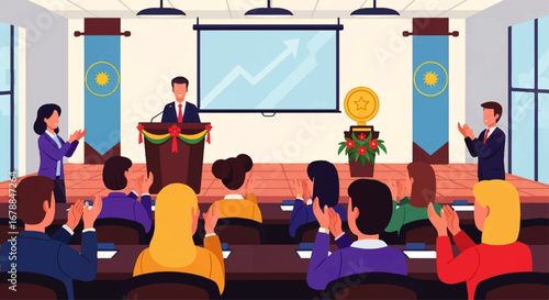 An enthusiastic audience applauds a speaker delivering an award acceptance speech in a modern conference hall, celebrating success and achievement.