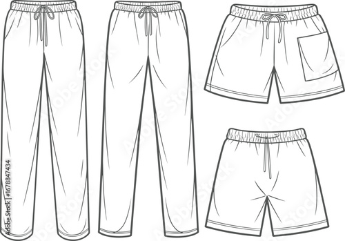 Fashion flat sketches of lounge pants and shorts with drawstring waistbands drawing technical
