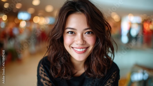 A cheerful young woman smiles brightly in a bustling shopping center, radiating joy and confidence while showcasing the lively atmosphere of urban life and retail therapy.