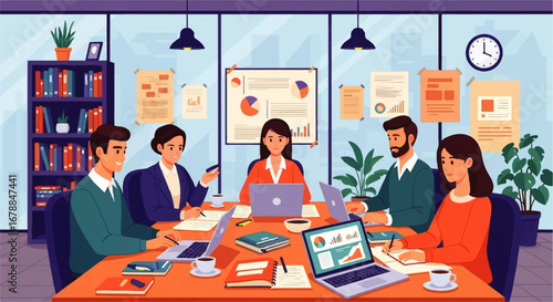 A diverse team collaborates on a project, actively engaging in discussion and note-taking during a productive meeting in a modern office.