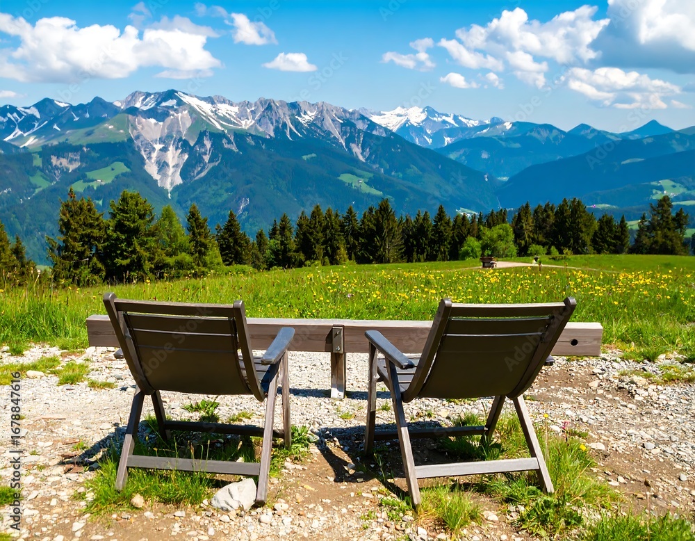 Fototapeta premium Two chairs on a mountaintop overlooking a valley