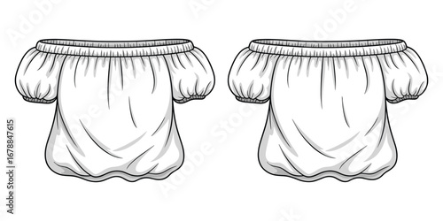 Fashion flat sketches of two white off-the-shoulder tops with puffed sleeves drawing garment