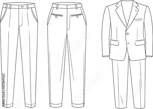 Flat sketches of trousers and a suit jacket with front and side views pants clothing