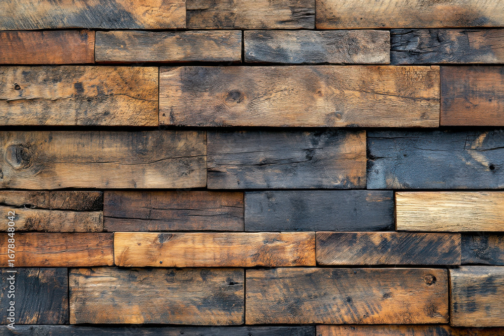 Naklejka premium Old wooden planks in rich shades of brown and black create a textured wall that emphasizes rustic charm and warmth in the space