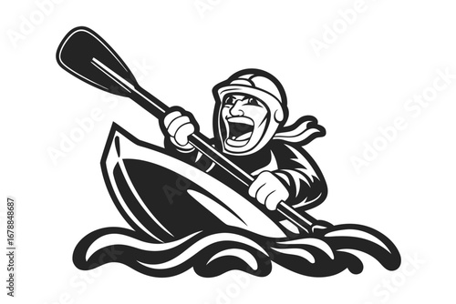 Cartoon Character in Kayak Paddling on Water with White Background
