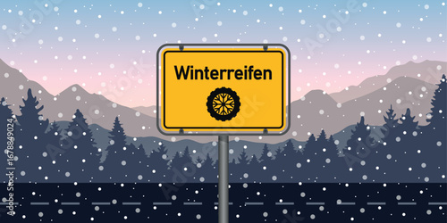 winter tires traffic sign on snowy winter landscape background vector illustration