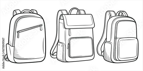 Three different styles of black and white backpack fashion illustrations rucksack clothing