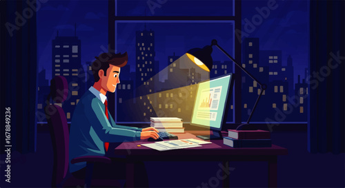 A focused businessman works late at night on his computer in a modern city office, illuminated by a desk lamp, showcasing dedication and ambition.