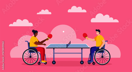 Two smiling wheelchair users enjoy a friendly table tennis match outdoors on a sunny day.