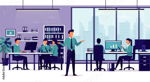 A confident businessman leads a team presentation in a modern office overlooking a cityscape, showcasing a collaborative and successful business atmosphere.