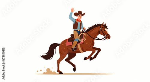 A smiling cowboy waves cheerfully while riding his spirited brown horse across a dusty plain, conveying a joyful, adventurous spirit.