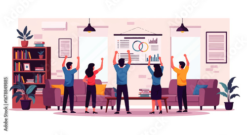A jubilant team celebrates success, arms raised in victory, in their modern office, showcasing a triumphant presentation.