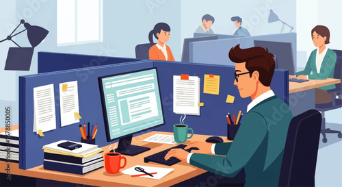 A focused businessman diligently works at his computer in a modern, busy office cubicle, showcasing a productive and collaborative work environment.