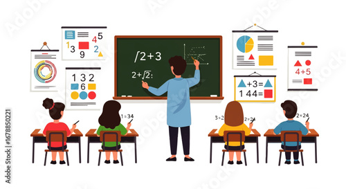 A male teacher enthusiastically teaches math to four attentive students in a brightly decorated classroom.