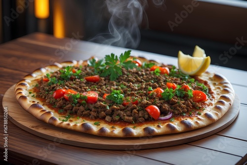 Lahmajoun - Armenian Food is a thin and crispy flatbread topped with spiced minced meat, herbs, and vegetables, offering a savory taste that reflects Armenia’s culinary tradition and warmth