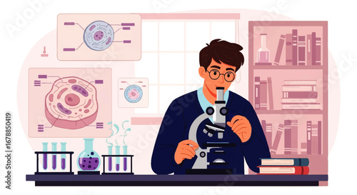 A focused young scientist meticulously examines a specimen under a microscope in his well-equipped laboratory, engrossed in scientific discovery.