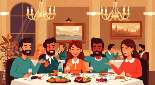 Happy friends enjoy a delicious meal and lively conversation at an upscale restaurant, creating a joyful and celebratory atmosphere.
