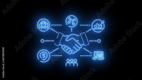Business partnership process with glowing neon handshake icon, people, money, and corporate collaboration workflow