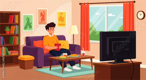 A smiling man relaxes on his comfy purple couch, enjoying snacks and drinks while watching TV in his cozy living room.
