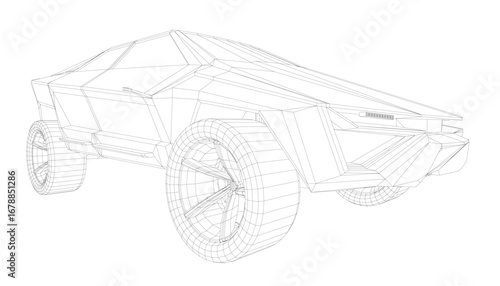Wireframe car model with sleek modern design, glossy finish, detailed headlights, grille, and wheels on white background.