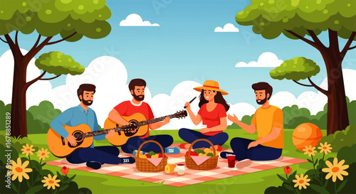 Happy friends enjoy a sunny picnic in a lush park, playing guitars and singing along, creating a cheerful and carefree atmosphere.