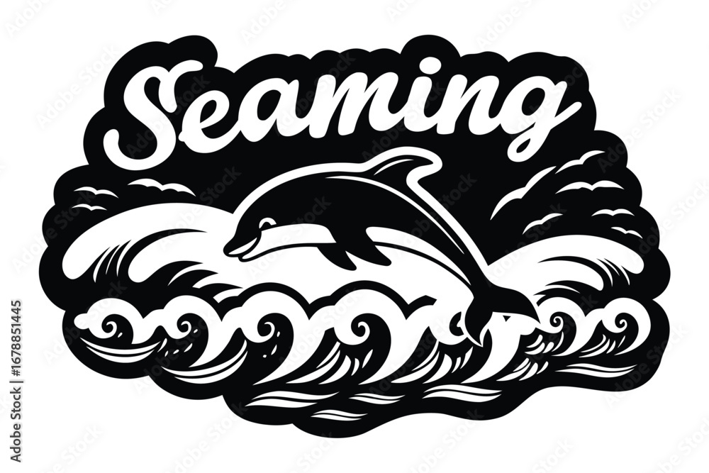 Obraz premium Black and White Dolphin Jumping Over Waves with Seaming Text