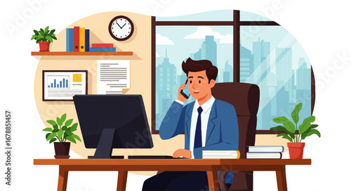 A smiling businessman in a modern office, conducts a phone call while working at his computer, enjoying a productive day overlooking a cityscape.