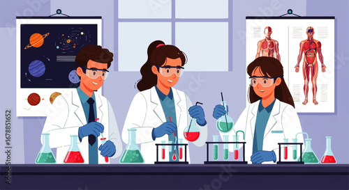 Three smiling scientists collaborate on an experiment, meticulously mixing liquids in a bright, modern laboratory.