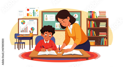 A supportive teacher assists a young student with his schoolwork in a brightly lit classroom.