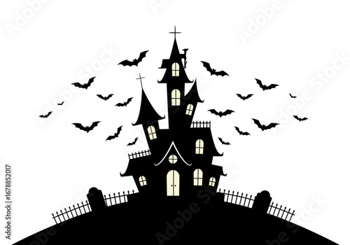 Spooky Haunted House Silhouette with Bats.