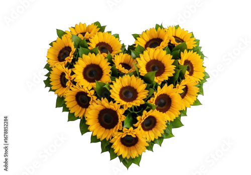 Heartshaped sunflower arrangement isolated on transparent background