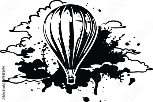 Hot Air Balloon with Clouds and Splashes on a White Background Silhouette