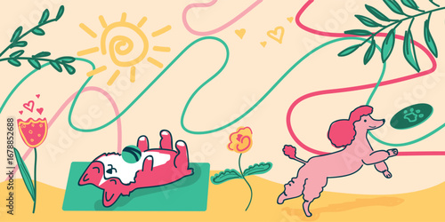Whimsical corgi meditating and poodle jumping for a frisbee in a floral summer field, bright cartoon-style illustration for joyful pet and outdoor themes