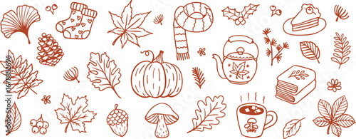Autumn doodle set – hand drawn seasonal line art with leaves, pumpkin, coffee, tea, and cozy elements for seamless pattern, banner or printing. Vector illustration
