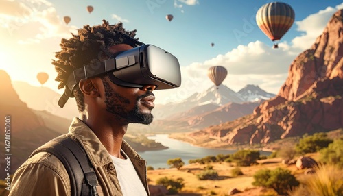 Smiling Man Wearing VR Headset Experiencing Virtual Mountain Landscape with Hot Air Balloons