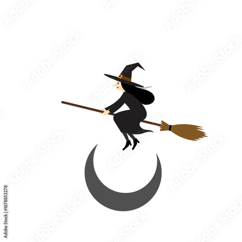 Witch Flying on Broomstick over Crescent Moon.