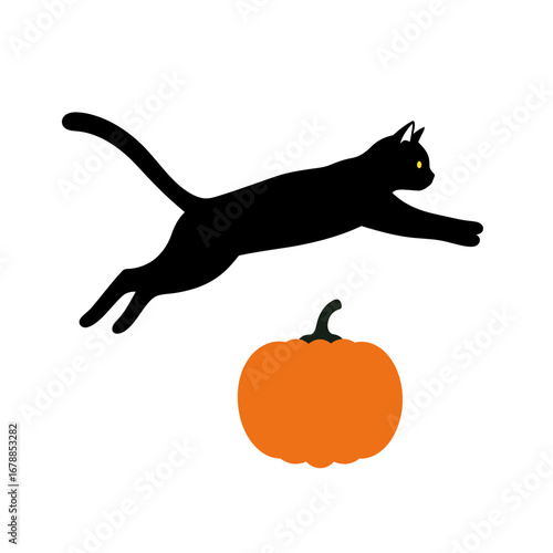 Black Cat Leaping Towards a Pumpkin.