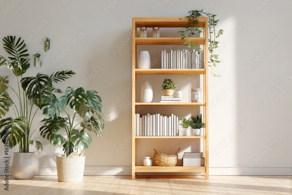 Fototapeta premium Light-filled room with wooden bookshelf and plants