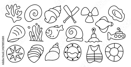 Hand drawn sea life and beach icons set, doodle ocean symbols including seashell, starfish, coral, fish, submarine, seaweed, lifebuoy, life jacket, nautical and marine illustration collection