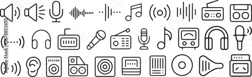 Audio and Music Icons: Sound Waves, Speakers, and Listening Devices
