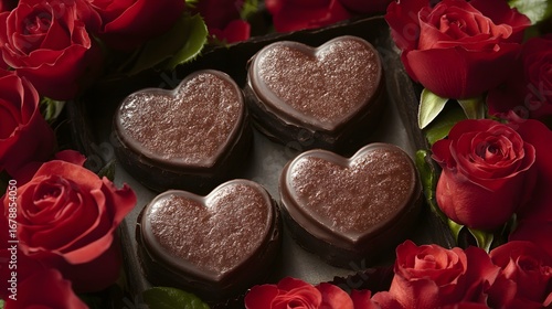 Romantic Dark Chocolate Heart Candies Surrounded by Red Roses