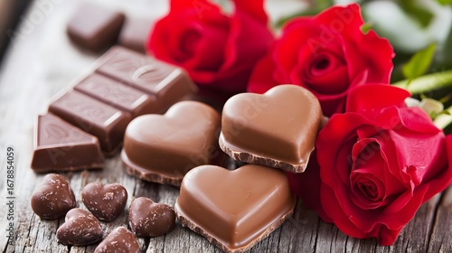 Romantic Valentine's Day Chocolate Hearts and Red Roses