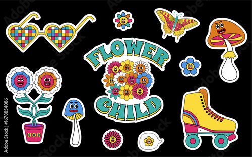 Groovy stickers set. Groovy hippie 70s set. Sticker pack in trendy retro psychedelic style.