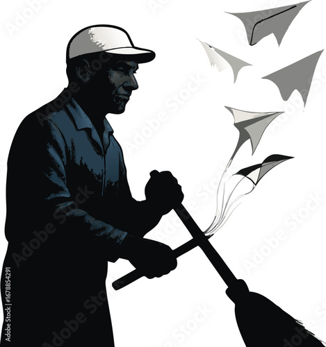Melancholy janitor sweeps