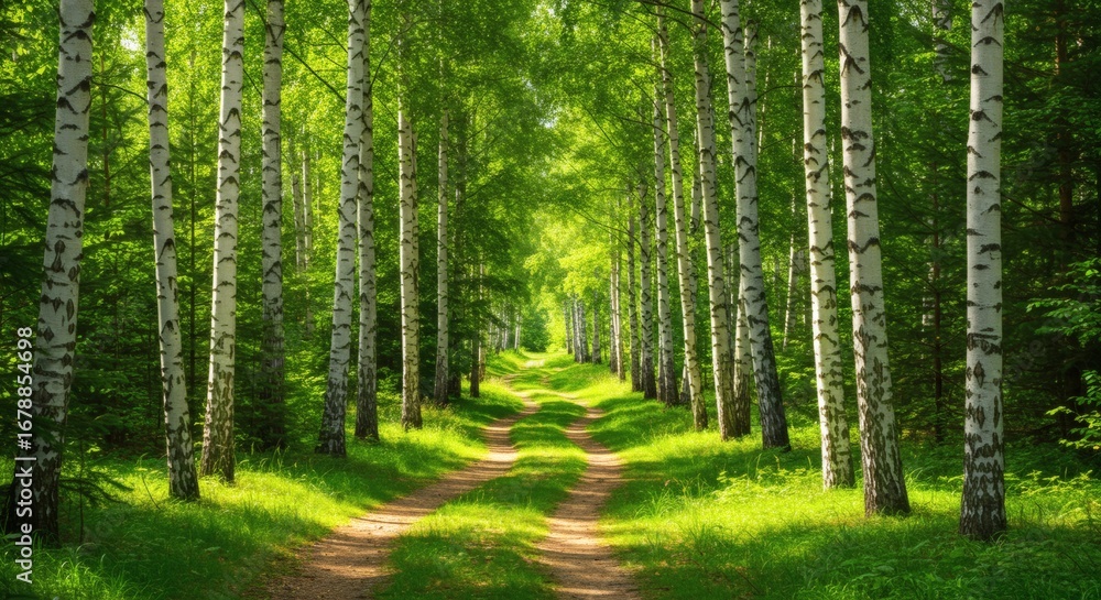 Fototapeta premium Birch Canopy Path Sunlight Dapples a Forest Trail with Natural Beauty.