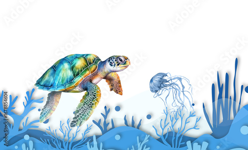 Sea turtle swimming with jellyfish, colorful underwater ocean scene, marine life illustration, aquatic nature art