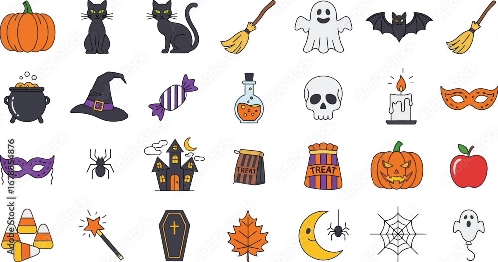 Fototapeta premium Halloween icon set with pumpkin, cat, witch, ghost, bat, broom and other spooky elements